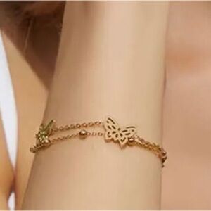 Gold 3 Butterfly Double Chain Charm Bracelet